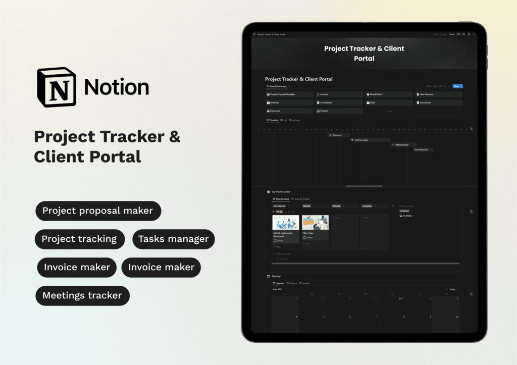 notion client portal template, agency dashboard, notion CRM template, project management, notion agency kit